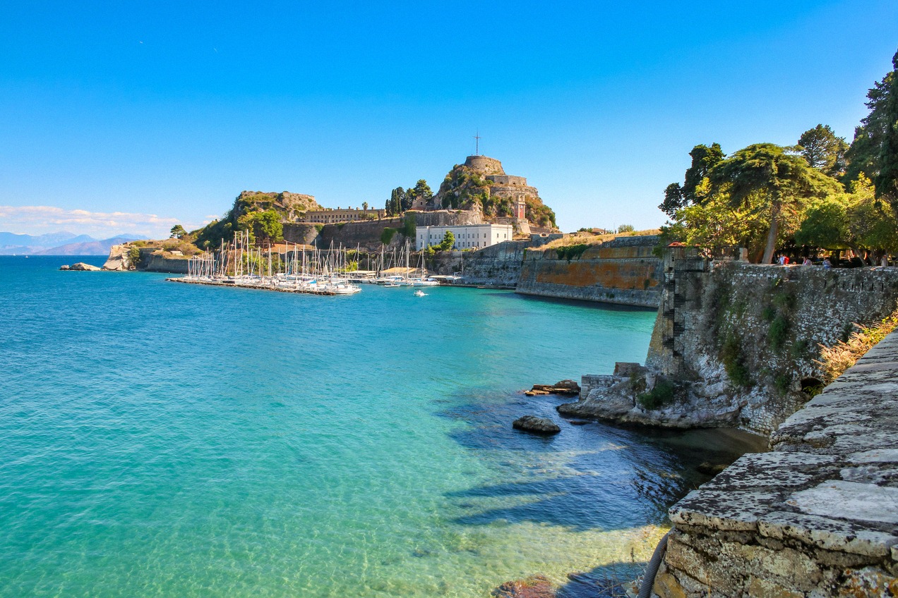Corfu Old Fortress and waterfront seen across the Ionian Sea